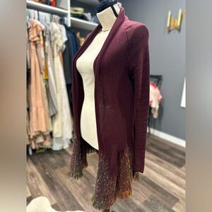 Moth Anthropologie Womens Burgundy Fringe Hem Nevis Sweater Cardigan Small Wool